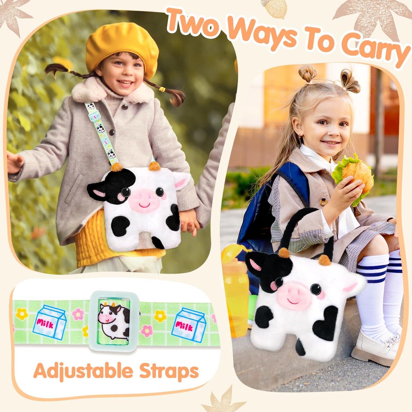 CatchCute Cow Plush Bag Crossbody Bag for Kids, Plush Handbag Tote Bag with Adjustable Strap,Soft Plush Cow Stuffed Purse with Zipper,Coin Pouch Accessories for Toddlers Kids