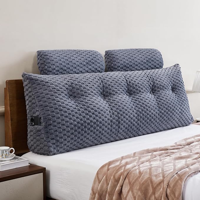 Wedge Headboard Pillow - Bed Wedge Pillow for Headboard Triangular Headboard Pillow with Neck Roll Pillow-Large Bolster Pillow for Sitting in Bed Backrest Positioning Support (Grey,59x8x20 Inches)