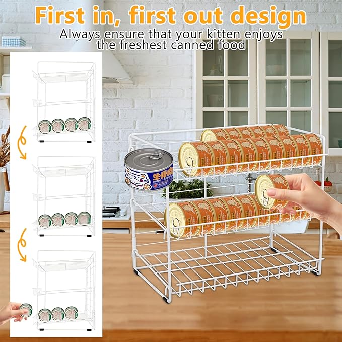 Cat Food Organizer, 3-Tier Stackable Iron Shelf for 45 Cans (3oz) - Pet Food Dispenser, Kitchen Pantry Storage Rack Cabinet, Canned Cat Organizer for Home & Shop