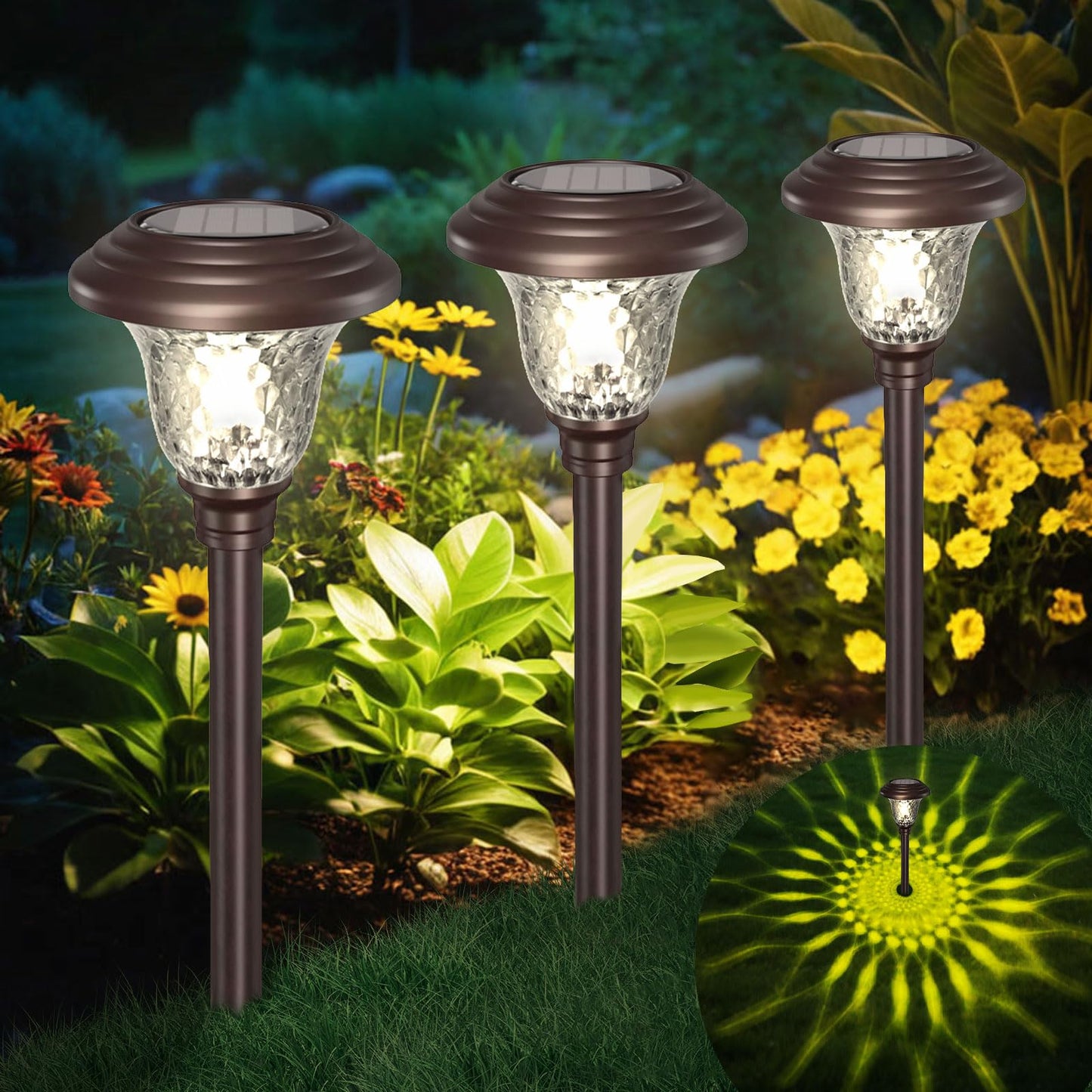 BEAU JARDIN Solar Pathway Lights, 8 Pack, Color Changing, Waterproof, Stainless Steel, Bronze, Model BG292