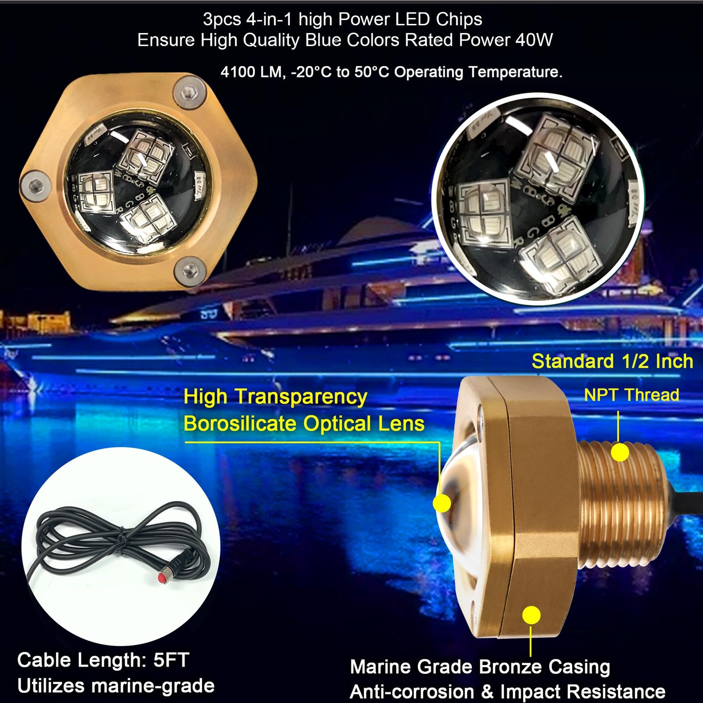 NBWDY Boat Drain Plug Light, 2 Pcs, 4100LM, IP68 Underwater LED, Remote Control, Smart Cooling System, Blue, Bronze Housing