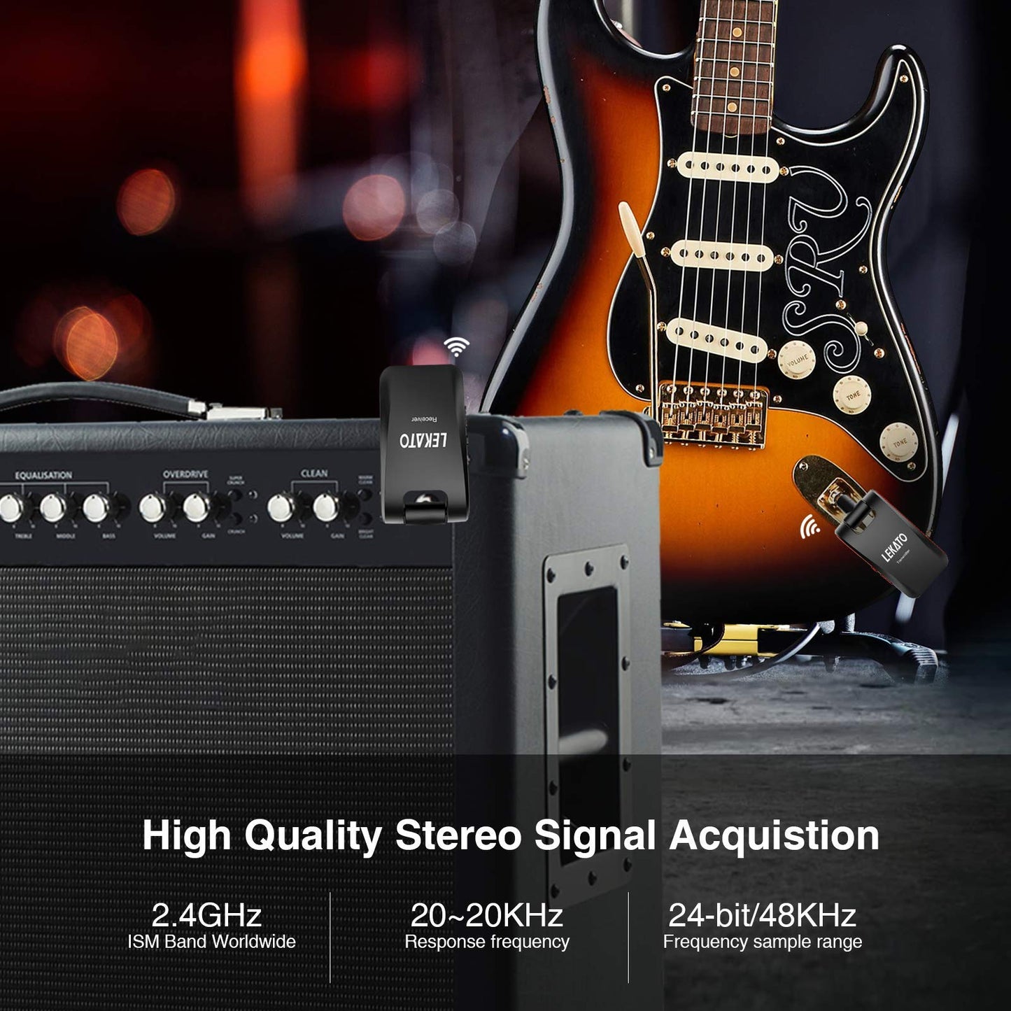 Lekato Wireless Guitar System 2.4Ghz Rechargeable Audio Wireless Transmitter Receiver 6 Channels For Guitar Bass Electric Instru