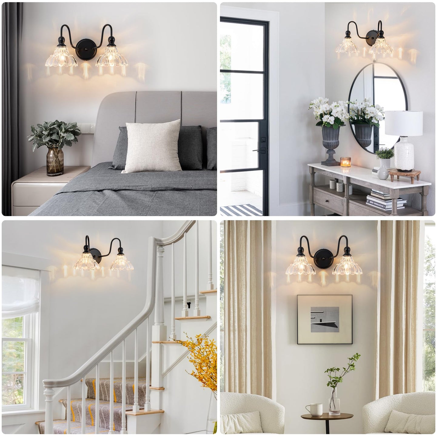 Brknit Vintage Bathroom Light Fixtures Over Mirror  2-Light Black Wall Sconce Lighting With Flower Glass Shade  Farmhouse Vanity Lights For Bedroom Kitchen Living Room Hallway Light
