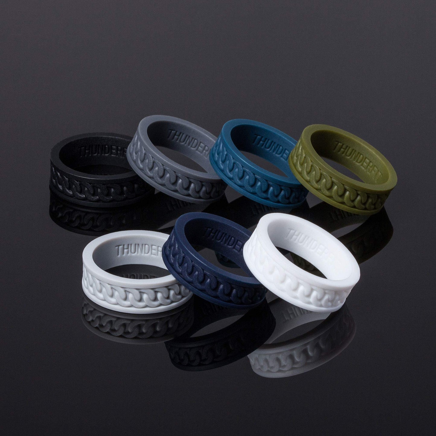 ThunderFit Silicone Wedding Rings for Men, Chain Design Rubber Engagement Bands 7mm Wide 2mm Thick - 1/4/7 Variety Multipack (Pa
