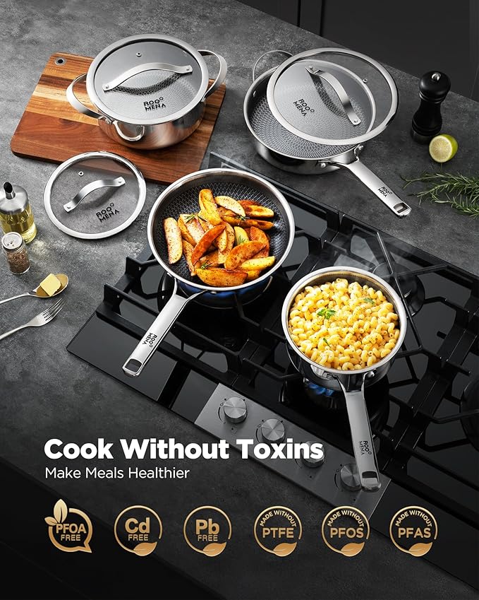 Pots and Pans Set Hybrid Stainless Steel, 17PC Nonstick Tri-Ply Cookware Set w/Frying Au Gratin pan, Dishwasher & Oven Safe, PFOA-Free, Metal Utensil Safe, Suitable for All Cooktops
