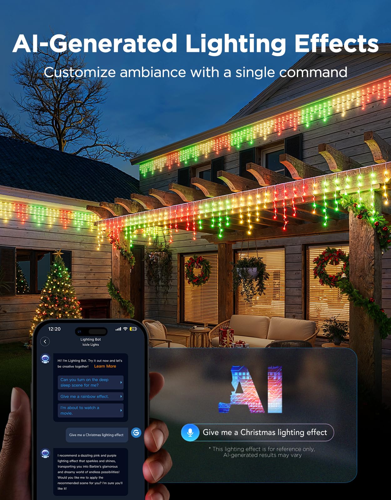 Govee Icicle Lights, Smart RGBIC Christmas Lights for Outside, 33ft with 400 LEDs Icicle Christmas Light Outdoor, IP67 Waterproof, Music Sync, Voice Control, 78+ Scene Modes for Holiday Decor