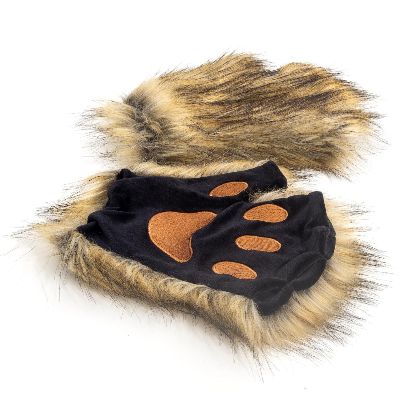 Ravakeny Fingerless Wolf Paw Gloves, Stretchy Furry Faux Fur Paws Animal Fox Cat Paws Gloves Halloween Cosplay Costume for Kids, Party (Brown)