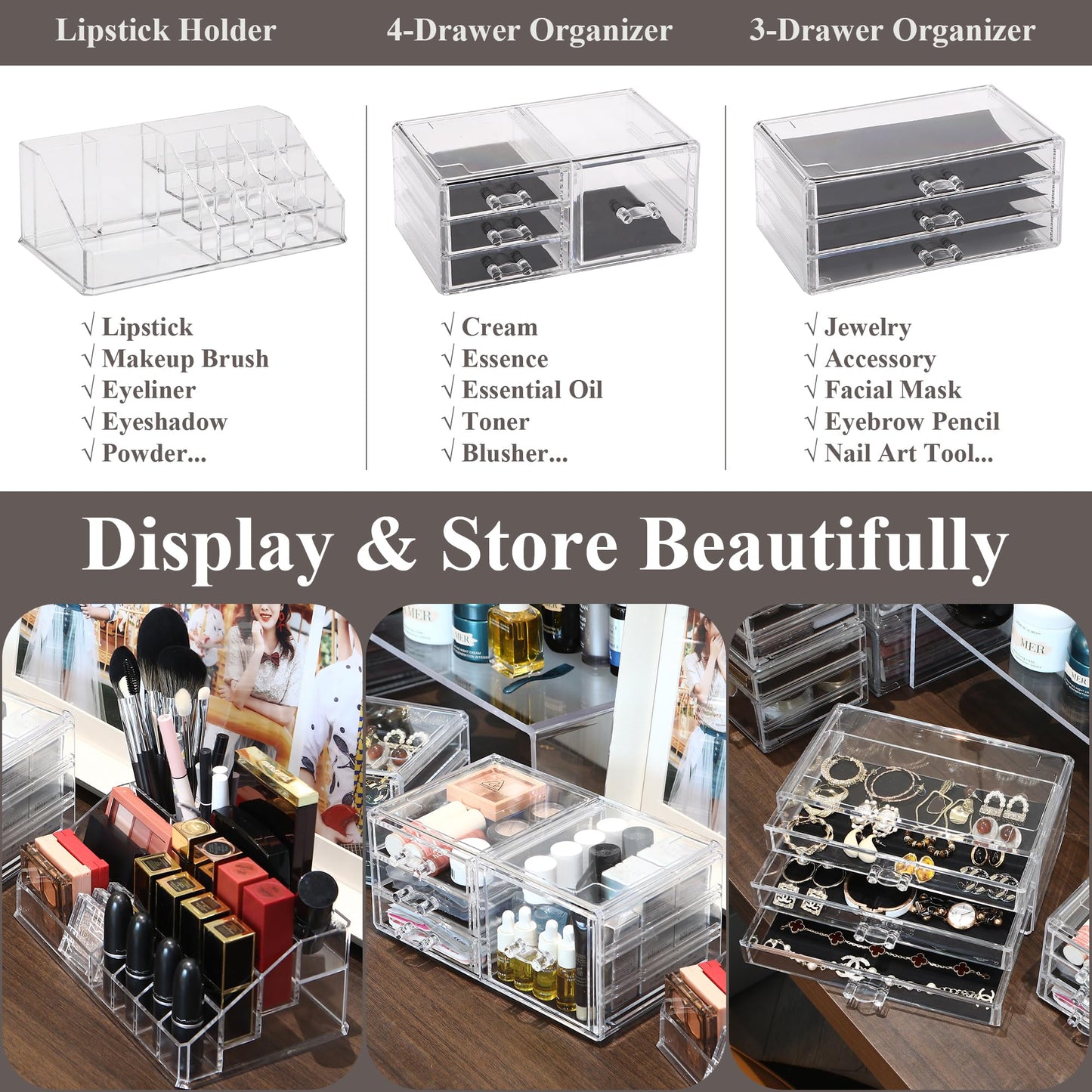 Sea Team 3-Layer Stackable Clear Makeup Organizer with Drawers, Acrylic Plastic Cosmetic Display Case, Jewelry Storage Box for D