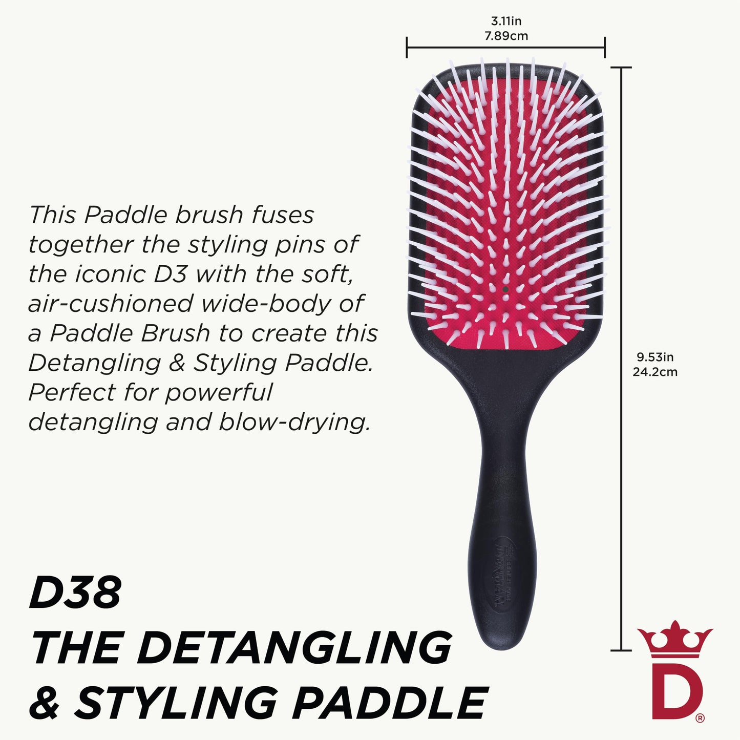 Denman Power Paddle Hair Brush for Fast and Comfortable Detangling, Blow Drying and Styling - Combination of D3 Styling Pins & P