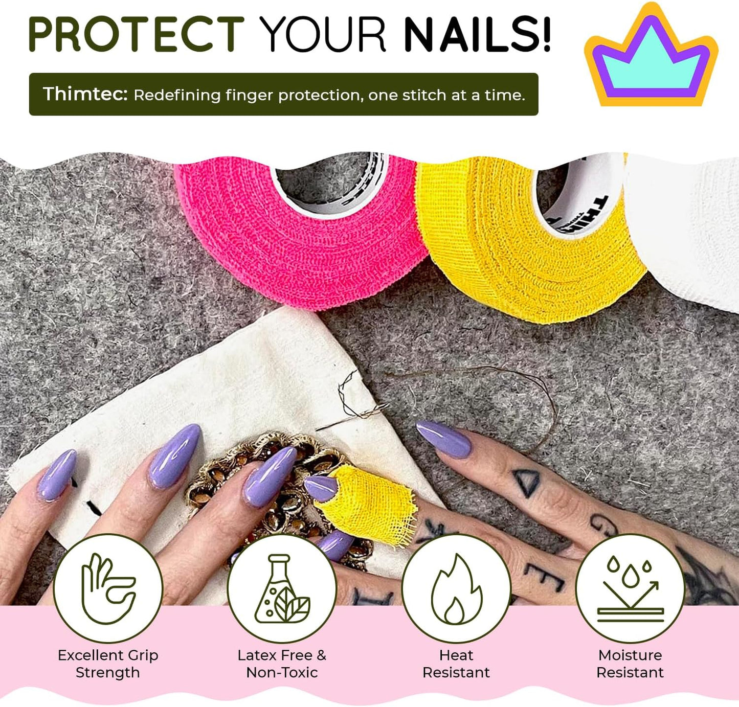 THIMTEC - The Original Thimble Tape for Hand Sewing - Fully Adjustable Nail & Finger Protector - A Smarter Alternative to Classic Knitting Thimbles -White Cloud, 3-Pack