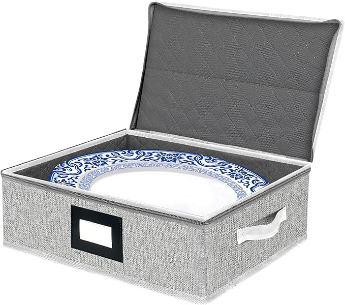 homyfort Platter Storage Case Box, China Storage Containers Hard Shell, 5 Felt Dividers Included, Structured Top and Stackable Platter Storage Containers (Grey)