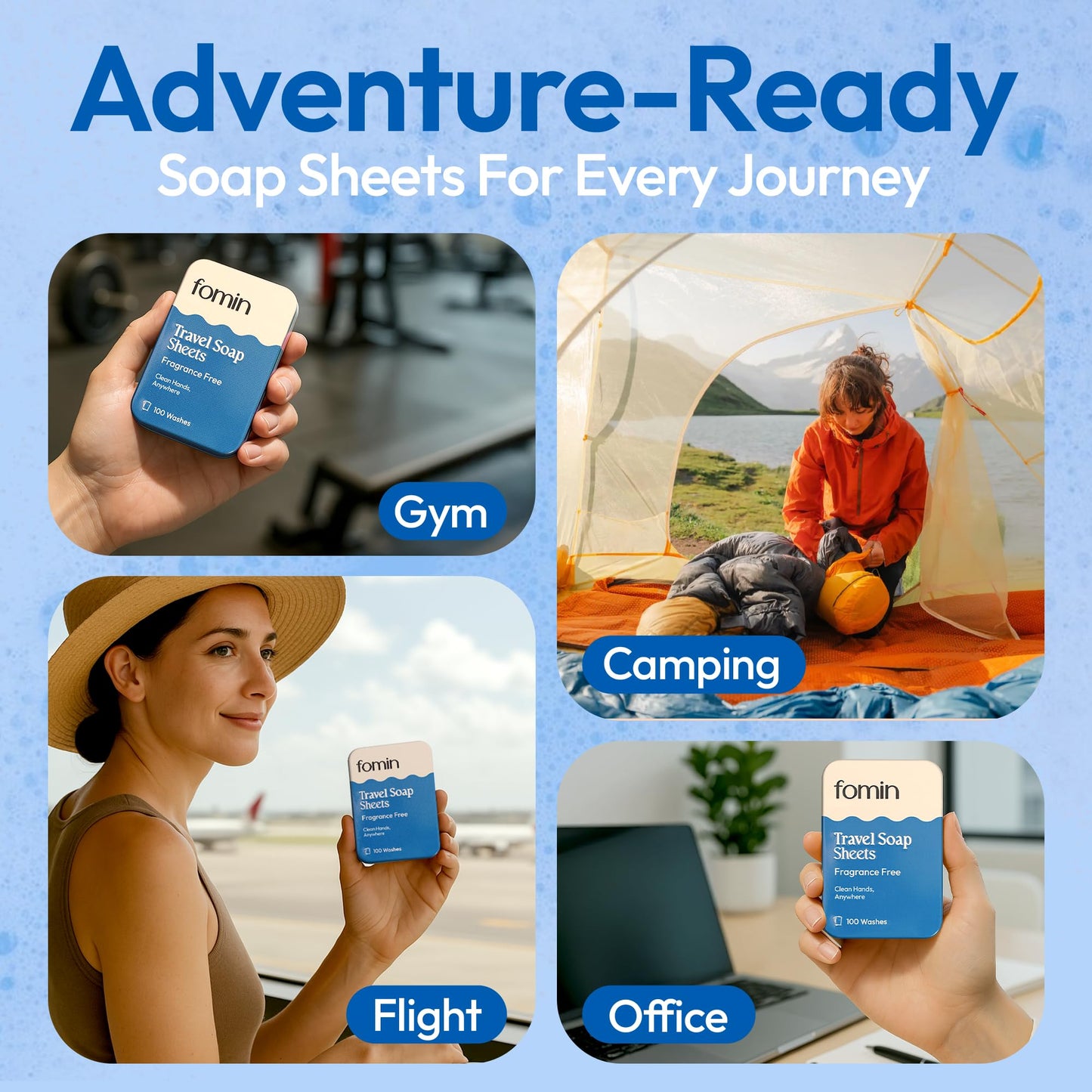 FOMIN - Antibacterial Paper Soap Sheets Tin for Traveling - (100 Sheets) Fragrance Free Portable Travel Hand Soap Sheet, Dissolv