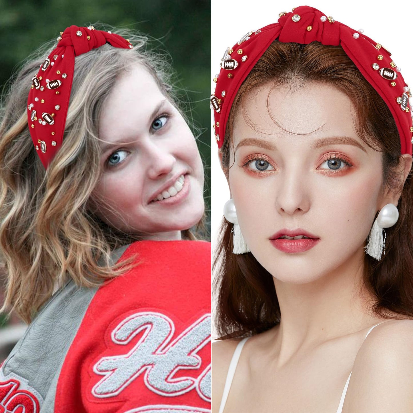 YARIEW Football Headband for Women Pearl Rhinestone Jeweled Knotted Headband Fashion Headband Wide Game Day Sports Hair Accessor