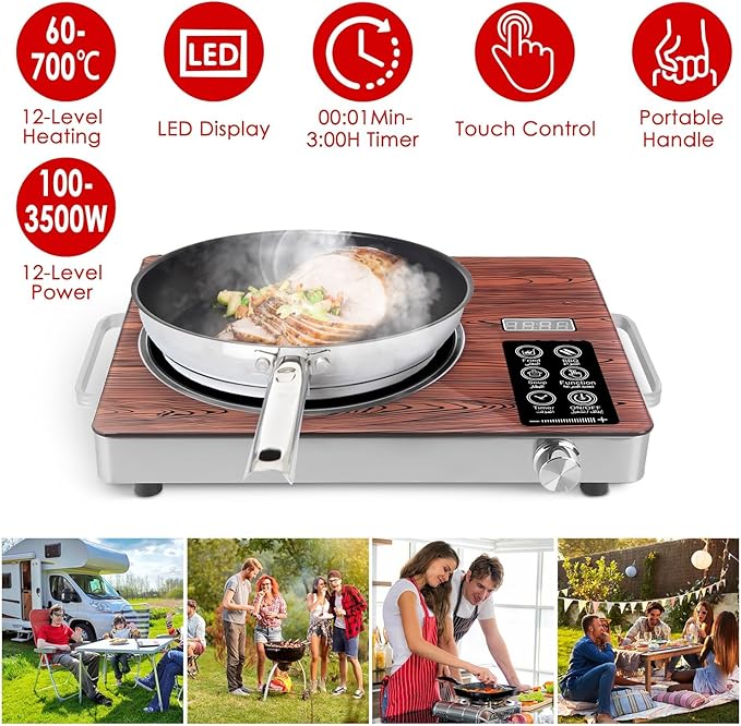 Infrared Electric Cooktop, 3500W Ceramic Single Hot Plates for Countertop, 12 Power Levels 0-3H Timer, Portable Handle, LED Display, Portable Stove for Home RV Camping(Wood)