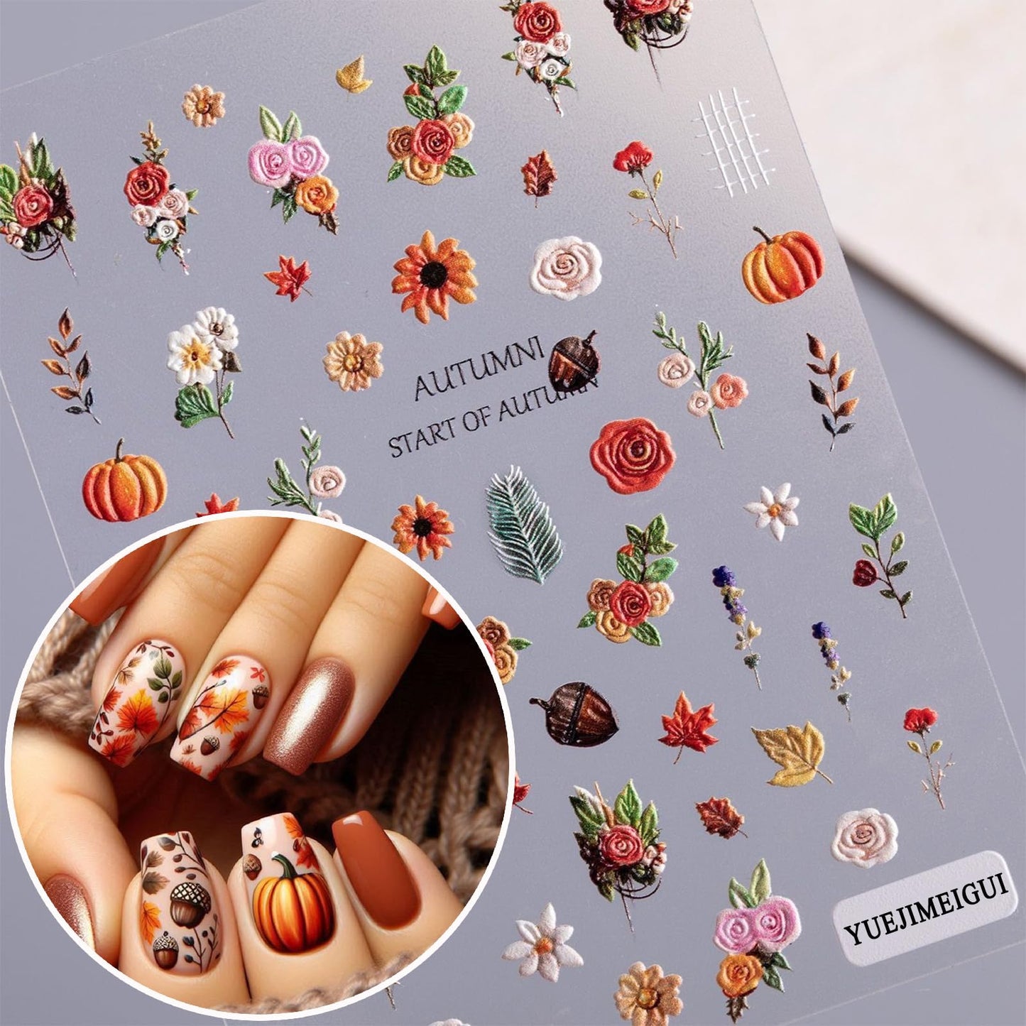 2 Sheets Maple Leaf Nail Art Sticker 5D Embossed Thanksgiving Pumpkin Nail Stickers Pinecone Rose Ginkgo Leaf Design Nail Decals