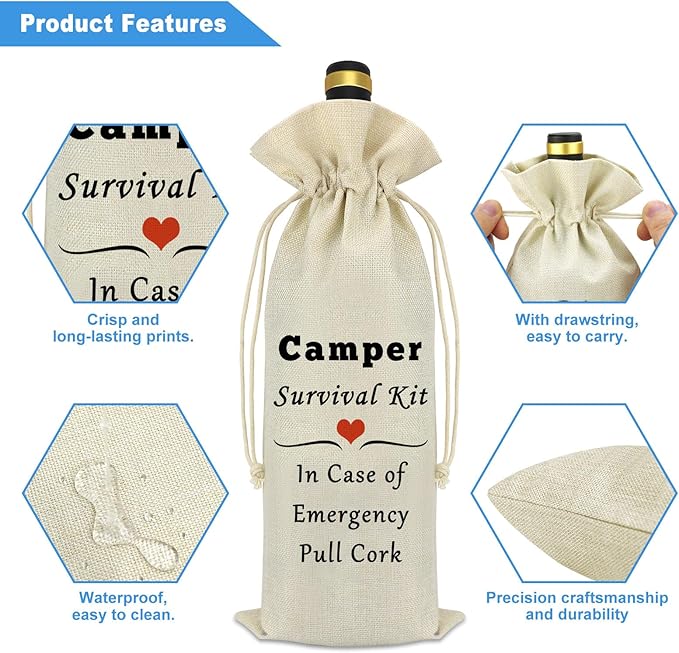 Camper Wine Bag Camping Gift for Camper Funny Camping Wine Bag Gifts Camper Gifts for Men Women Camper Accessories for Travel Trailers Birthday Christmas Graduation Gift Burlap Wine Bottle Cover Bag