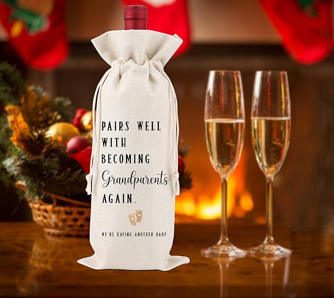 Pregnancy Announcement,Gift for Being Grandparents Again,Wine Bag Gifts for Grandparents,New Baby Gift,Pairs Well With Becoming Grandparents Again,1 Drawstring Gift Wine Bag,Q22