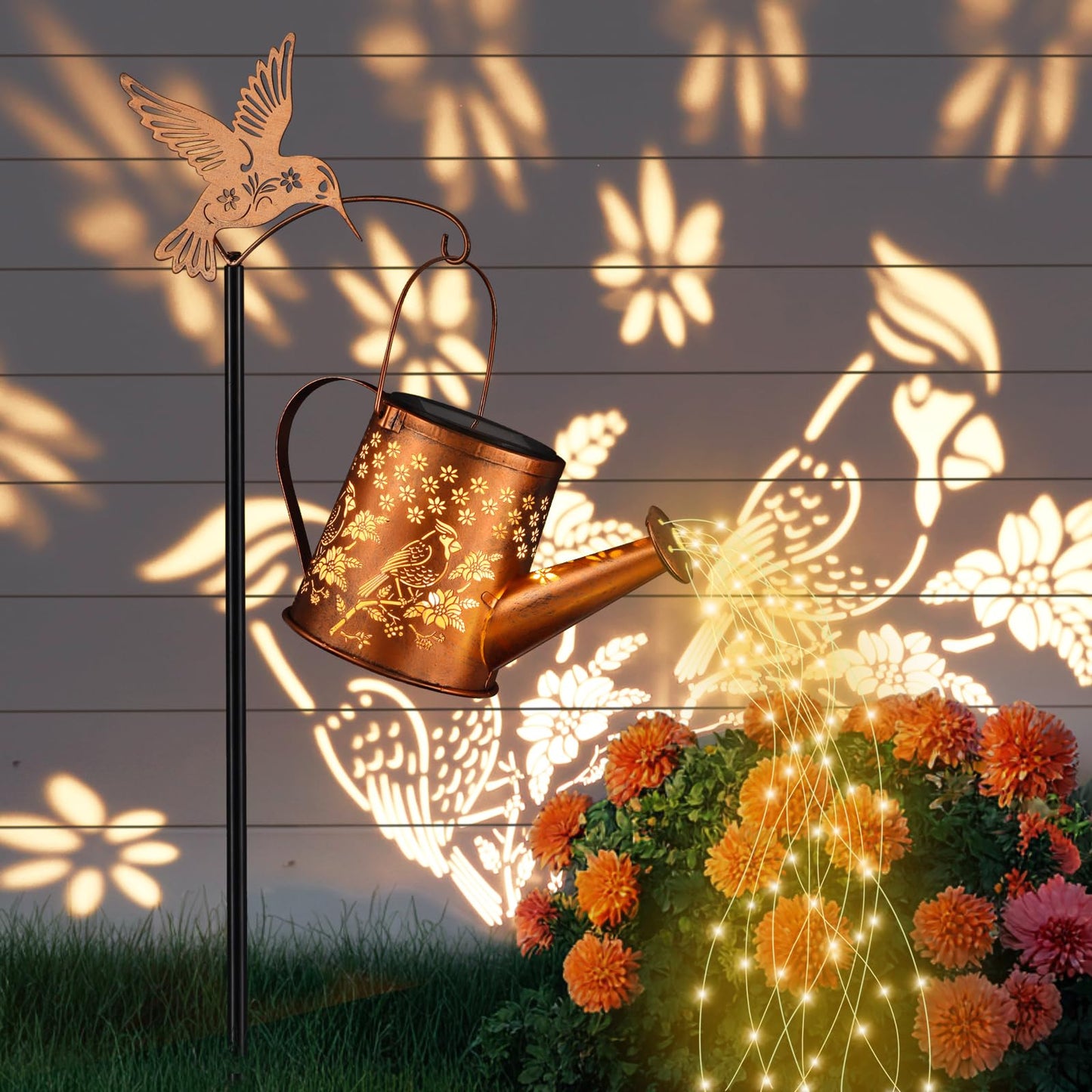 Outdoor Hanging Solar Lantern Waterproof Set Outside Metal Openwork Cardinal Watering Can Landscape Lights For Garden Yard Patio Pathway Decor Birthday Gifts For Women Mom Grandma -With Floor Pole