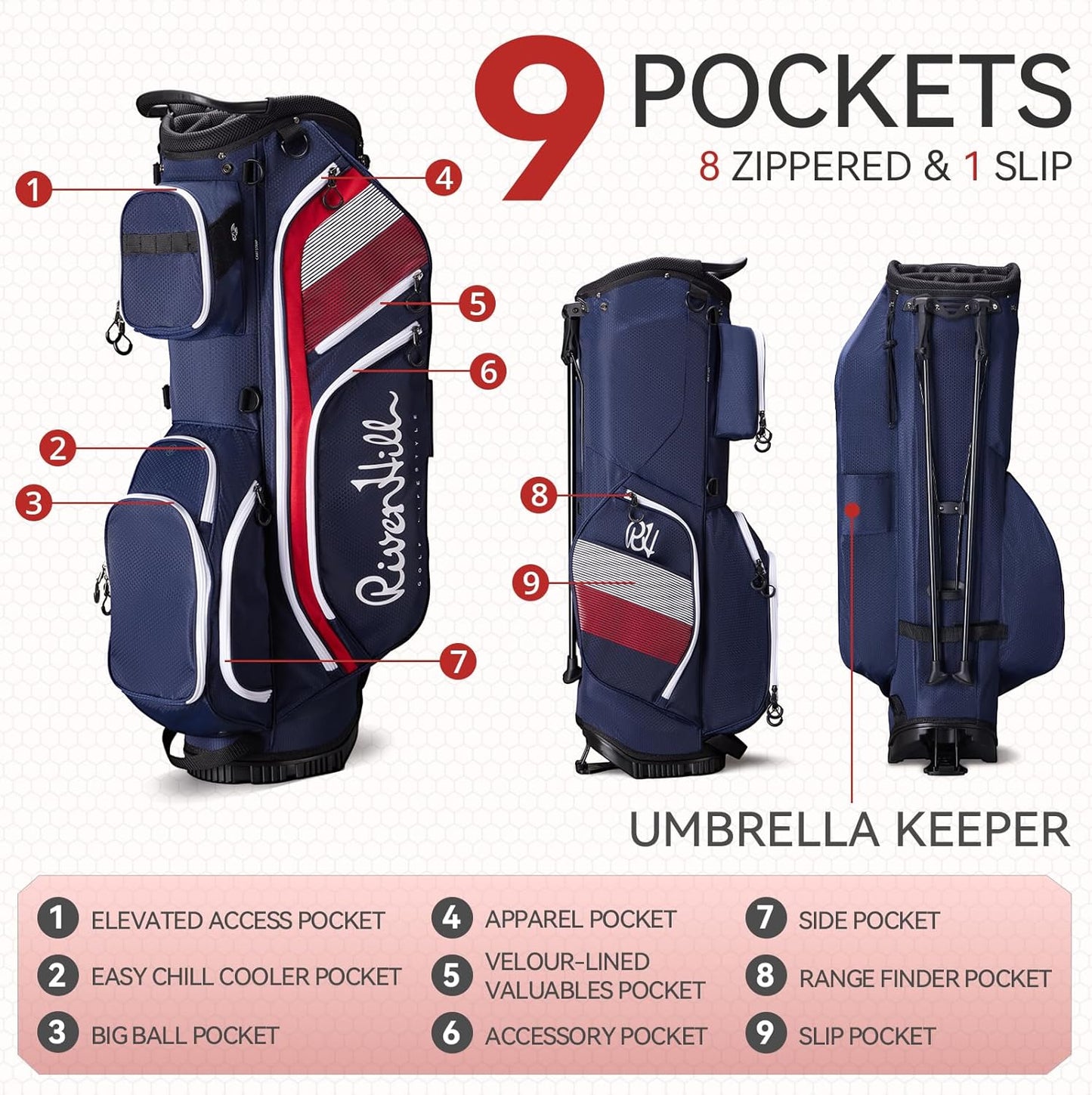 14 Way Golf Stand Bag, Lightweight Golf Bags w/Full-Length Dividers, 9 Pockets, Padded Strap, Cooler Pocket, High-Tech Zippers, Rain-Hood, Free Shoe Bag for Men & Women