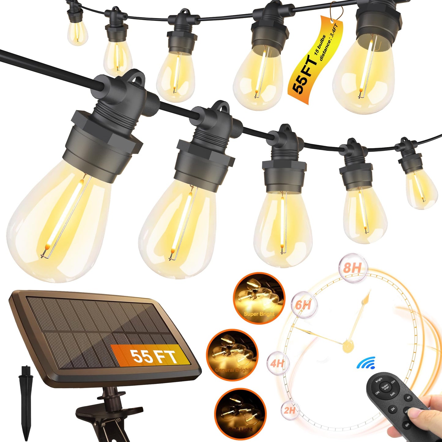 Stright Solar String Lights 55FT 15 Sockets Waterproof Warm White E12 S14 Bulbs Remote Control with USB Charging Port