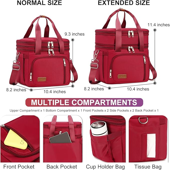 Lunch Box for Men Women - Double Deck Insulated Lunch Bag, Large Leak Proof Tote Cooler, Wide Open Dual Compartment Lunch Bags with Shoulder Strap, For Work Picnic Hiking Beach, Red