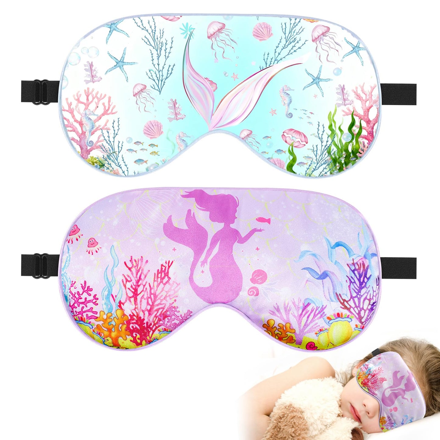 2 Pcs Sleep Mask for Kids Girls, Silk Eye Covers for Sleeping, Adjustable Strap & Light Blocking Design, Children's Bedtime Blindfold for Travel and Home Use (Mermaid)