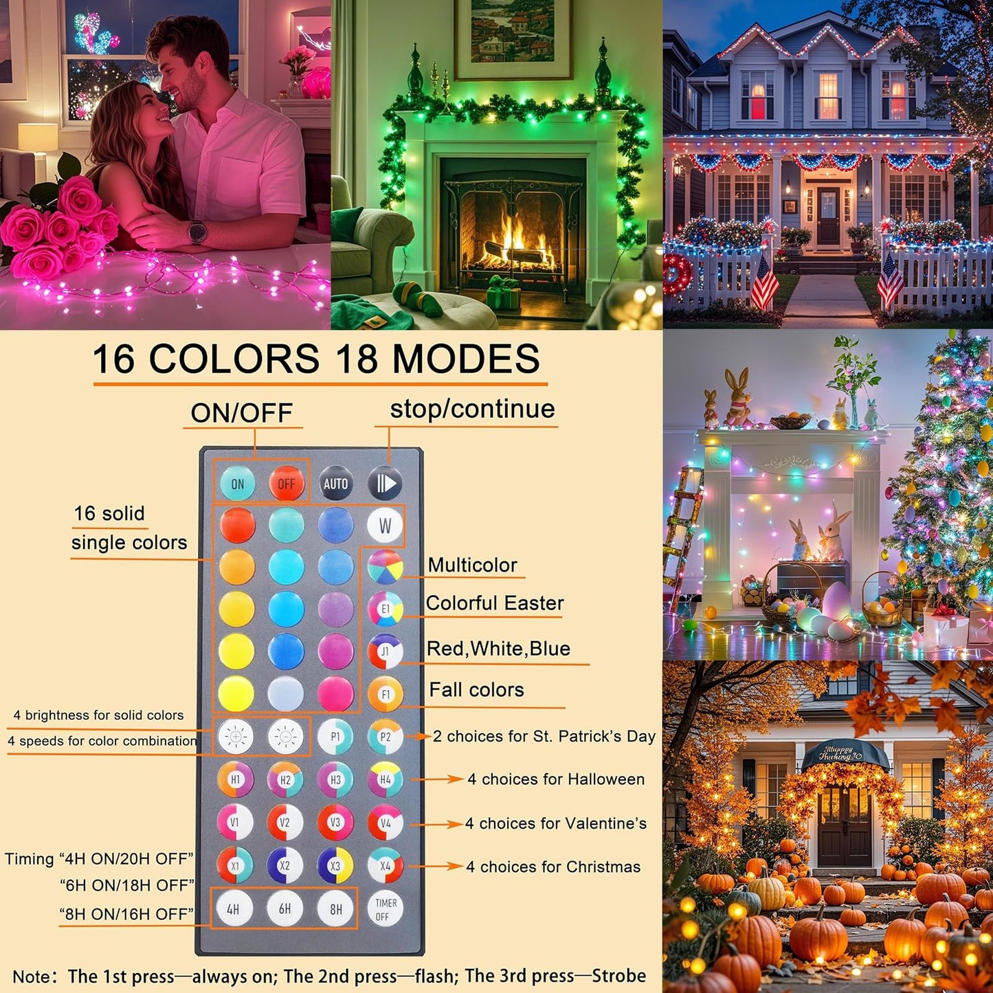 Pooqla Color Changing String Lights, 66FT, 200LED, RGB with Remote, Clear Wire, Model LR-(1-1000) L-SL02