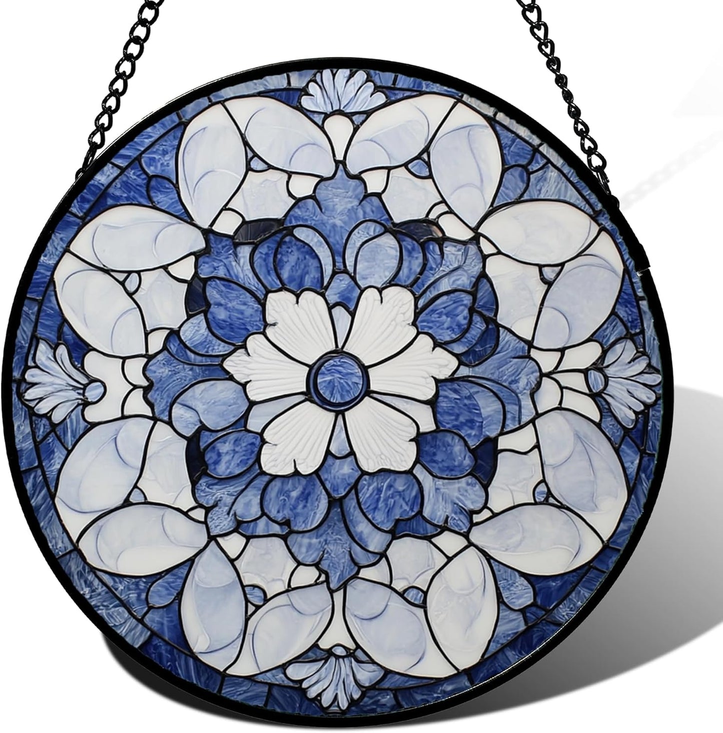 Stained Glass Window Hanging - Blue White Floral Pattern Suncatcher for Doors Garden Retro Sun Catchers Decor Christmas Mother's Day Birthday Gifts for Women Men Mom Nana Friend Girl 6.3 in