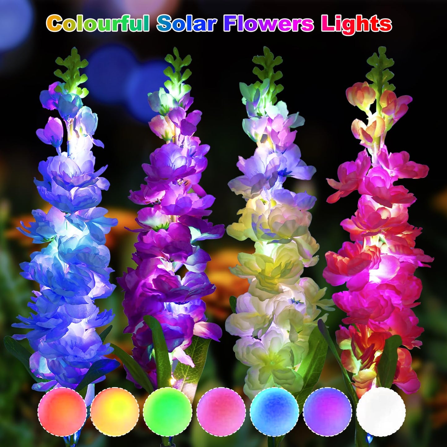 MRHEPHAESTUS Solar Garden Lights, 40 LEDs, Waterproof, 2 Pack, Multicolor, Delphinium Flowers, Model WallLight-1