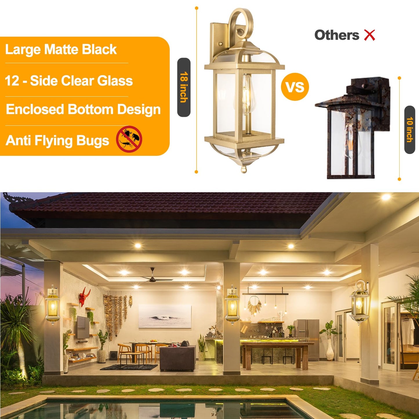 Roravilila Golden Outdoor Sconces 2-Pack, Ip65 Waterproof Aluminum Wall Lanterns With Dusk To Dawn Sensor