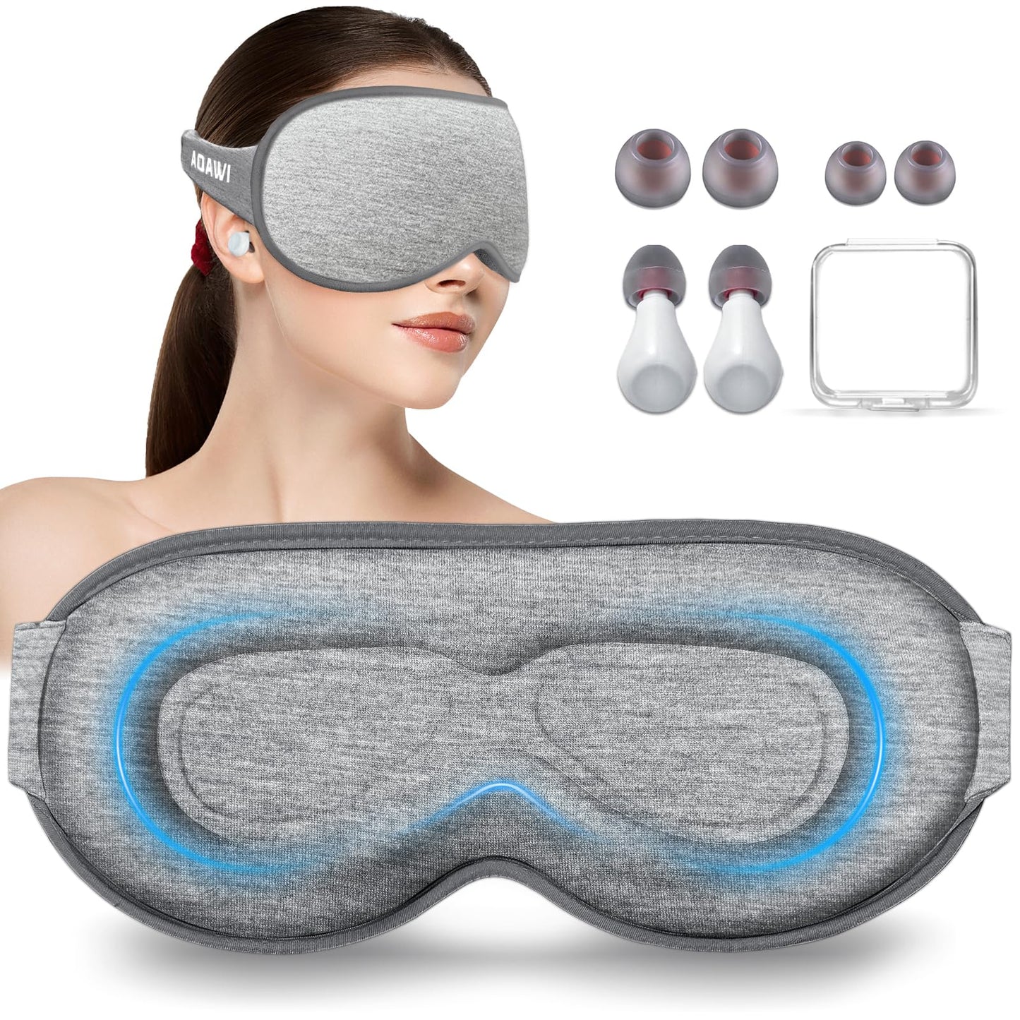 AOAWI Sleep Eye Mask 3D Contoured cup Soft and Gentle, Breathable, Comfortable for side sleeping, Travellers, Yoga, Men, Women, Adjustable, with silicone Ear Plugs for Sleeping Noise Reductions (Grey)