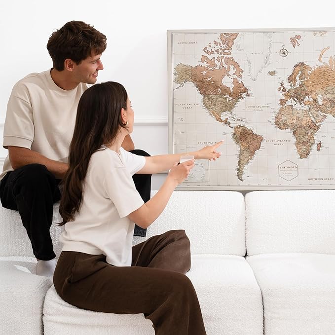 Canvas World Map with Cork Pin Board - English Lettering - Decorative Wall Decoration for All Rooms - Canvas Pictures with World Map Motif (120x80 cm, Pattern 16)