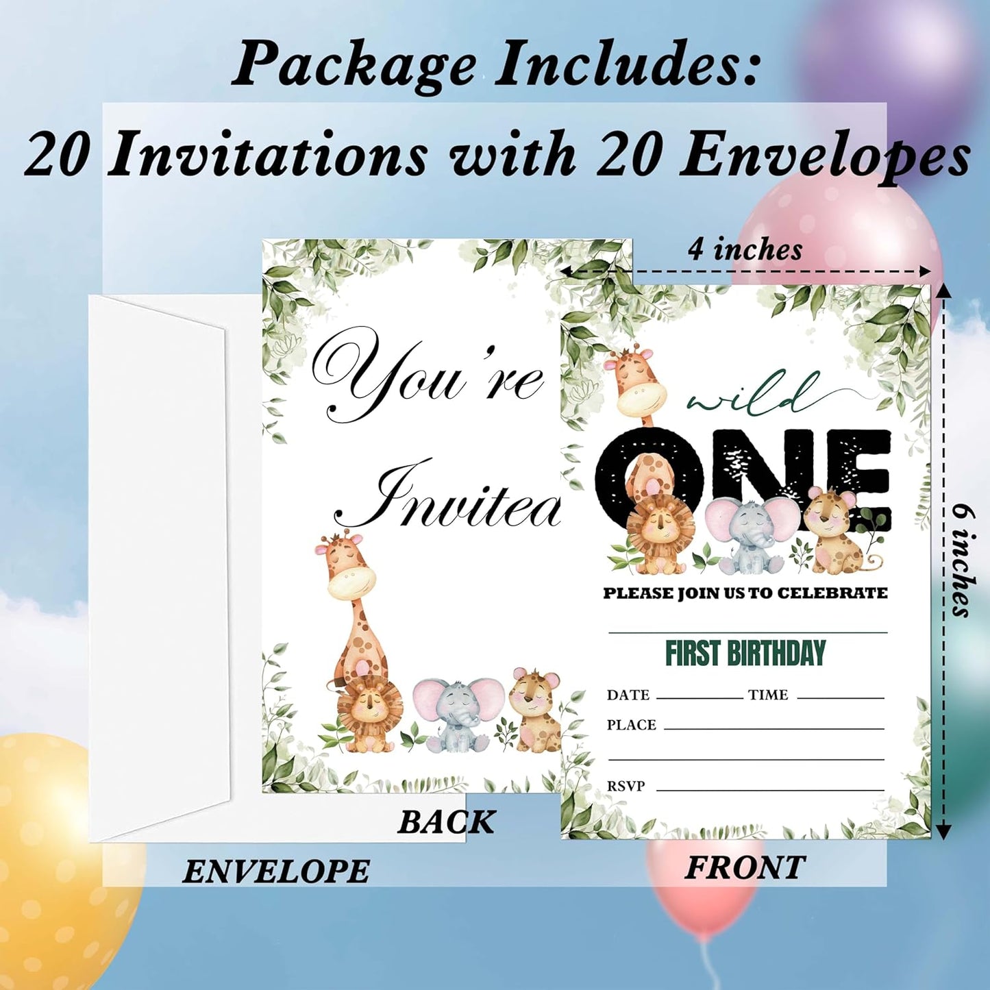 Wild One Birthday Invitations, 20 Invitation Cards with Envelopes, Safari Zoo Invites for Party Decorations Favor Supplies - A15