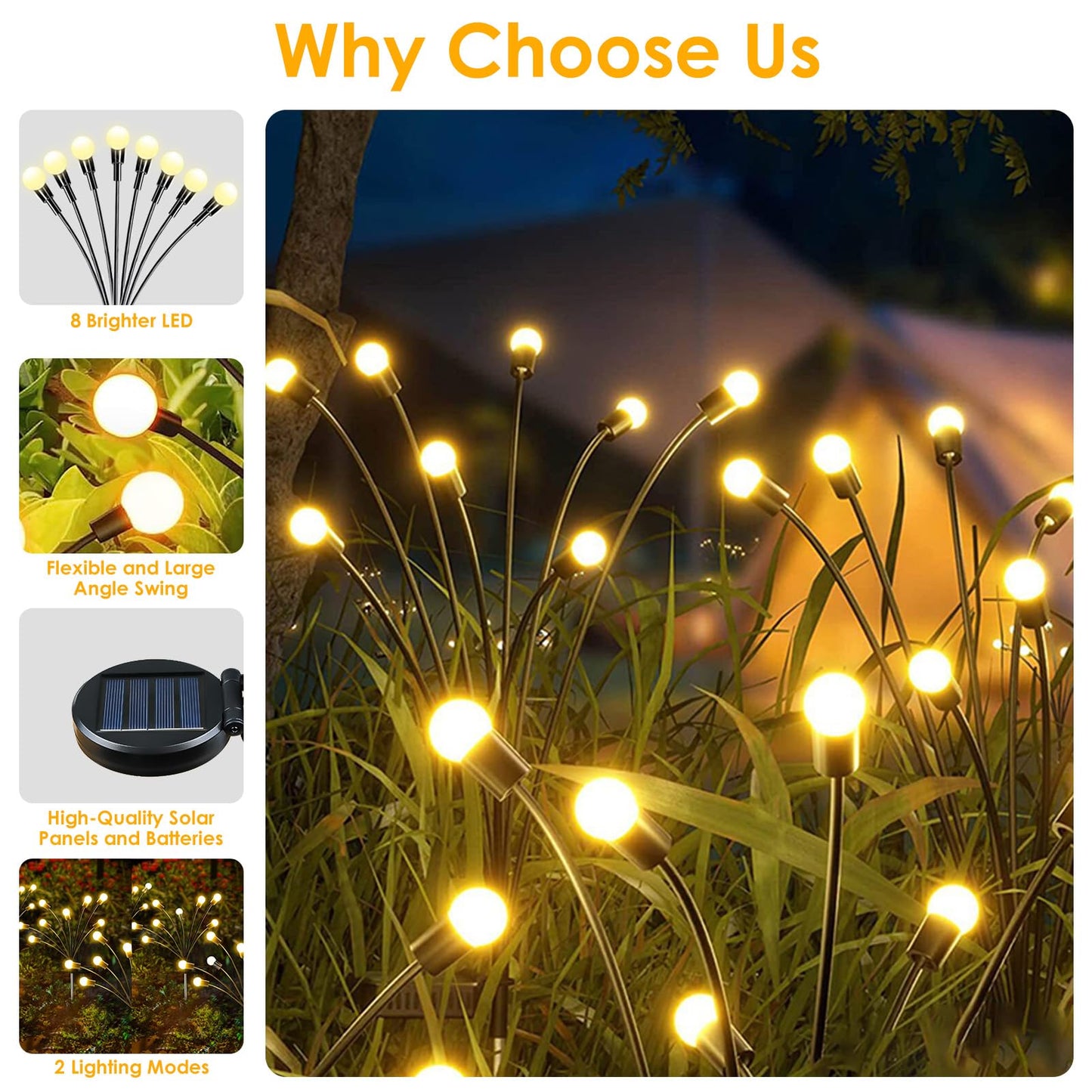 YIQU Solar Firefly Lights, 8 Pack, 64LED Waterproof Garden Lights, Warm White, Outdoor Lighting with 2 Modes for Yard and Patio