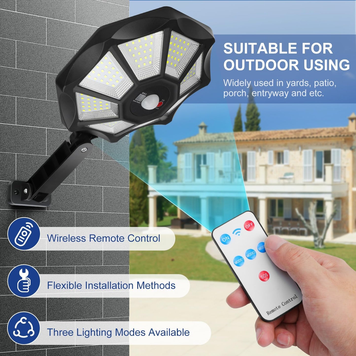 AITERMOND Solar Outdoor Lights 2-Pack, Motion Sensor, 168 LED, Dusk to Dawn, IP66 Waterproof, Remote Control, Black, Model AIT8A2P