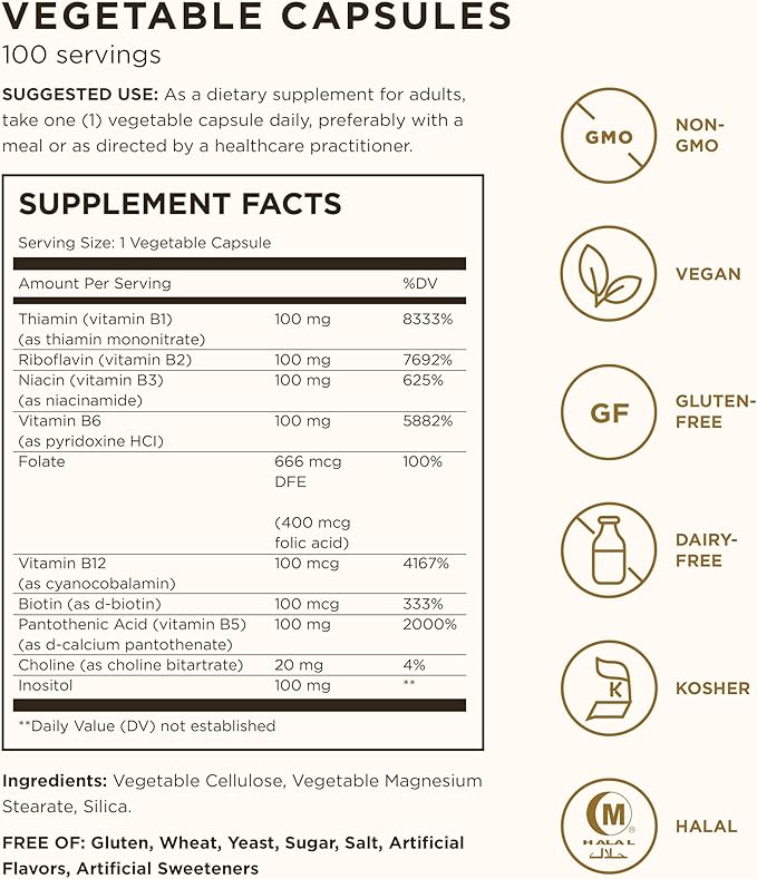 Solgar BComplex "100" Vegetable Capsules Heart Health Nervous System Support Supports Energy Metabolism Non GMO Vegan Gluten Free Dairy Free Kosher Halal Servings, Standard Packaging, 100 Count