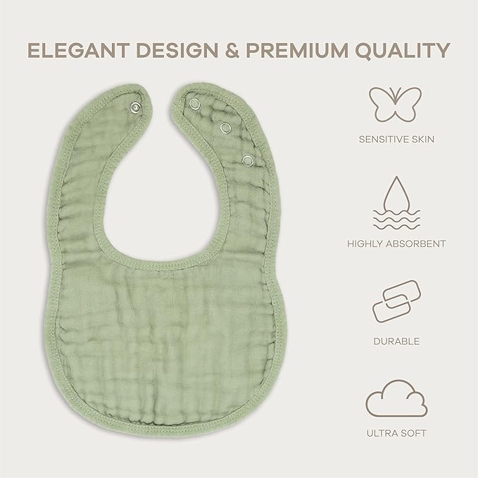 Comfy Cubs Muslin Bibs for Babies, Pack of 4 - Soft and Highly Absorbent, Feeding, Drool and Teething Bib, Adjustable Snaps - Stylish & Colorful Unisex Designs, Giftable Set - Sage