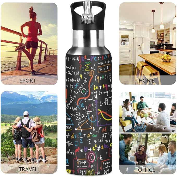 ALAZA Mathematics Education Geometrical Plots Formulas Water Bottle With Straw Lids Boys Girls,Vacuum Insulated Leakproof Stainless-Steel Sports Bottle Thermal Flask For Gym Yoga Camping,20Oz (600Ml)