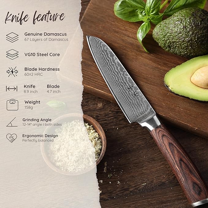 Wakoli EDIB Damascus Small Santoku Knife – 4.7-Inch Japanese Style Kitchen Knife | Genuine 67-Layer Damascus Steel Blade with VG10 Core | Ergonomic Pakkawood Handle | Multi-Purpose Cooking Knife