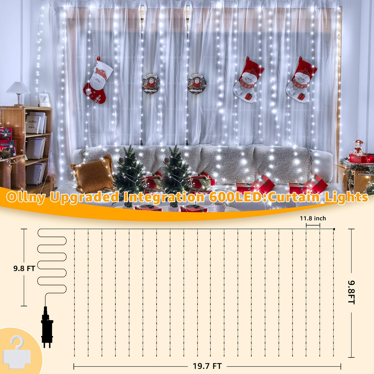 Ollny Curtain Lights 600Led 19.7Ft X 9.8Ft  Ip67 Waterproof Outdoor Curtain Rice Lights With Remote  Plug-In Untangle Fairy Curtain Light With 8 Modes 3 Timers For Wall Backdrop Decor(Cool White)