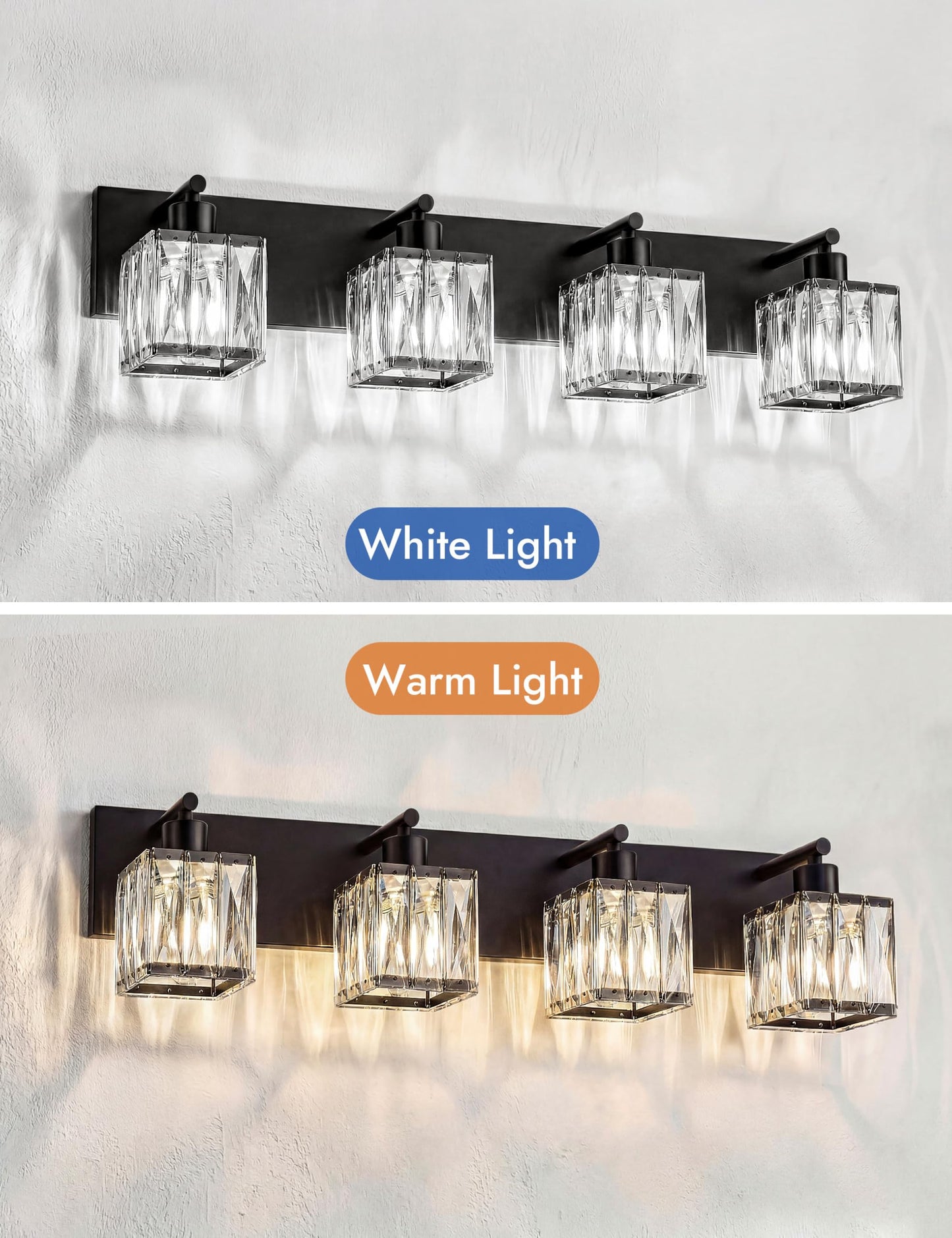 VOLISUN Black Bathroom Light Fixtures, Modern Bathroom Lighting Fixtures Over Mirror, 4 Light Bathrooms Vanity Light, Crystal Vanity Light for Bathrooms-UL Certificated(Exclude Bulb)