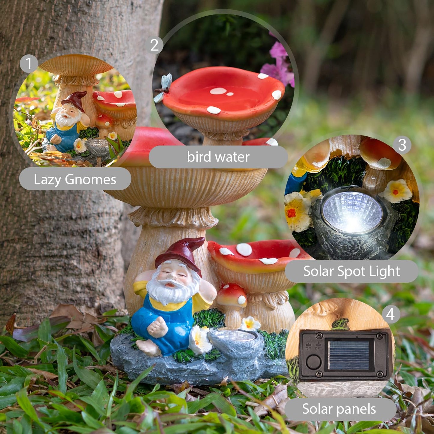 TIJNN Solar Gnome Statue with LED Lights, 7.4in Plastic Garden Decor, Gnome Beneath a Mushroom, Model TIJDX-001