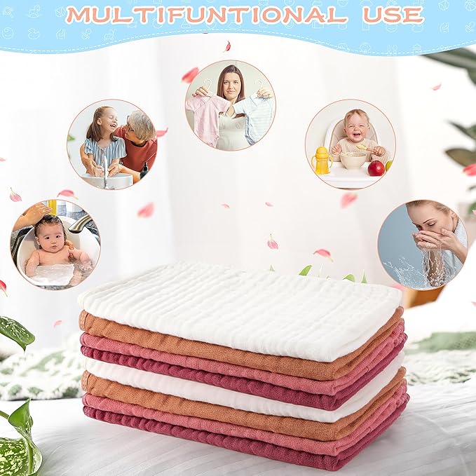 Buryeah Muslin 20 Pcs Burp Cloths Large 20" x 10" 100% Cotton 6 Layers Ultra Absorbent and Soft Hand Washcloths for Baby Drool and Messes Gentle Burp Cloth for Boys & Girls(Multi Colors)