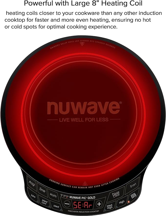 Nuwave Precision Induction Cooktop Gold, 12” Shatter-Proof Ceramic Glass Surface, Large 8” Heating Coil, Portable, 51Temp Settings 100°F to 575°F, 3 Wattage Settings 600, 900, and 1500 Watts