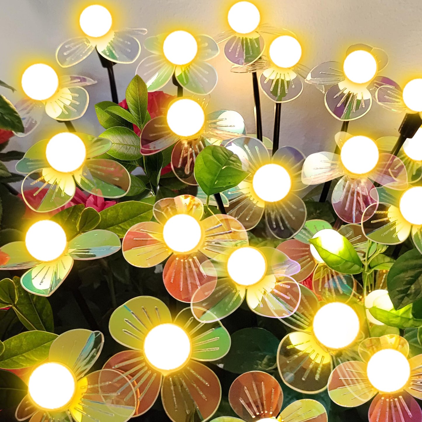 NBQQ Solar Firefly Lights - 4-Pack Waterproof Outdoor Decor, Iridescent Petals, Warm White Glow, Upgraded Flowers Swaying