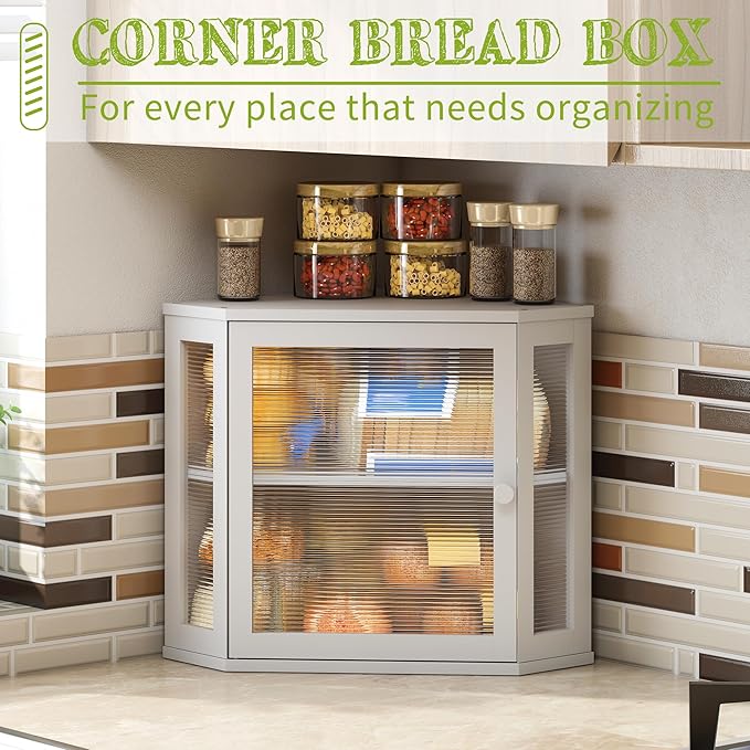 BMOSU Corner Bread Box for Kitchen Countertop Double Layer Bamboo Wooden Bread box Large Capacity Bread Storage Bin(White, Medium)