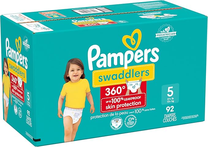 Pampers Diapers - Swaddlers 360° - Size 5, 92 Count, up to 100% Leakproof Comfy Dry Fit, Designed for Easy Changes, Pull On Baby Diaper (Packaging May Vary)
