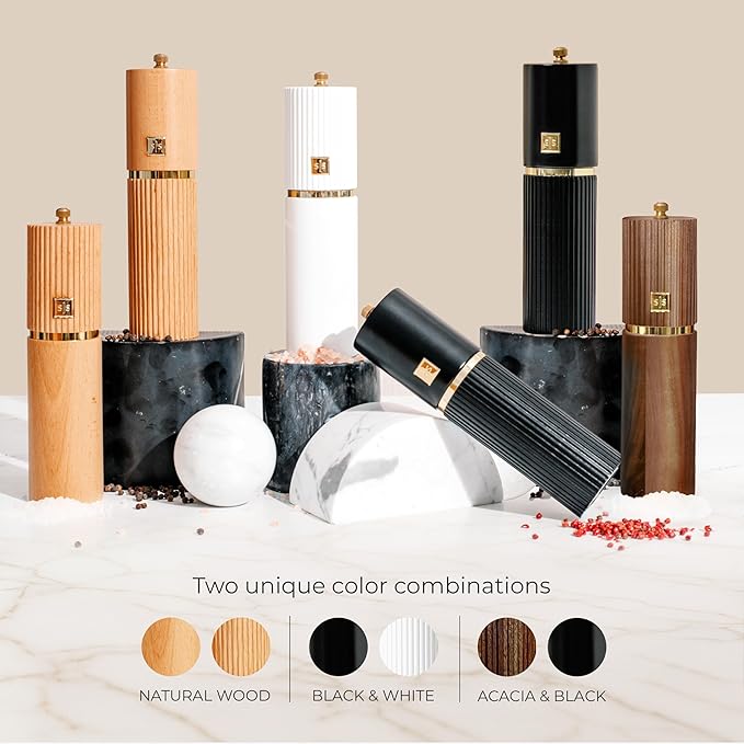 Wooden Salt and Pepper Grinder Set – Refillable Manual Salt and Pepper Mills with Adjustable Ceramic Burrs, Gold Detailing, and Acacia Wood Stand – Ideal Kitchen Gift
