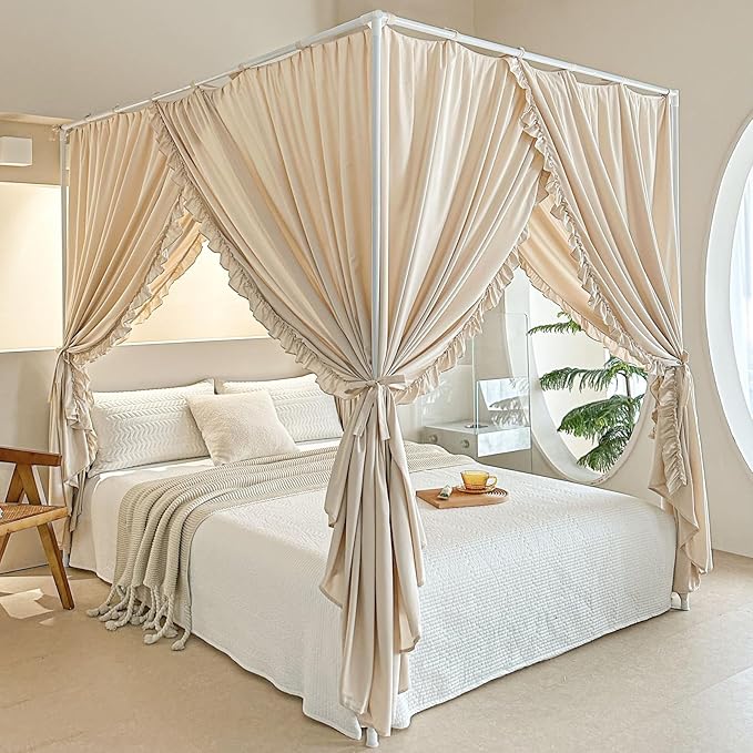 AIKASY Princess Canopy Bed Curtains with Top Ties - Windproof & Lightproof for Girls' Adult Bedroom Decor | Bed Canopy Drapes (Full,Khaki)