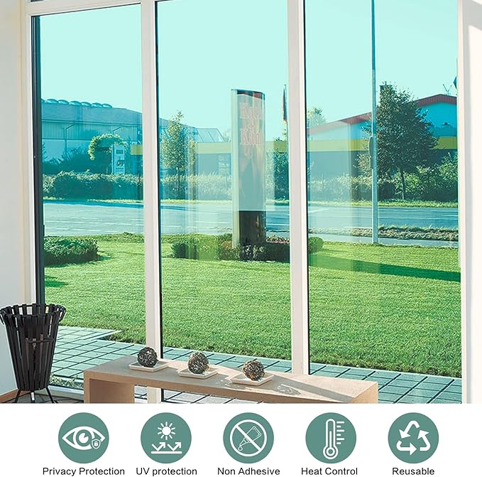 Filmgoo Window Privacy Film One Way Daytime Mirror Tint Treatments UV Heat Control Vinyl Stickers Sun Block Glass Paper Door Covering Reflective,Green Silver,29.5 Inch x 13.1 Feet